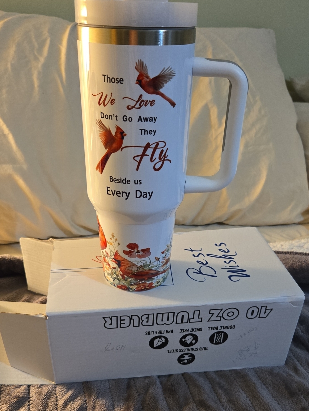 Travel Mug With Handle - White Cardinal Print 40 oz Stainless Steel